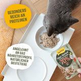 GimCat Near Nature Trial Mix Confezione da 12 - Alimento umido senza cereali per gatti a partire da 7 mesi con una ricetta specifica per la specie e la preda - 12 bustine (12 x 85 g)