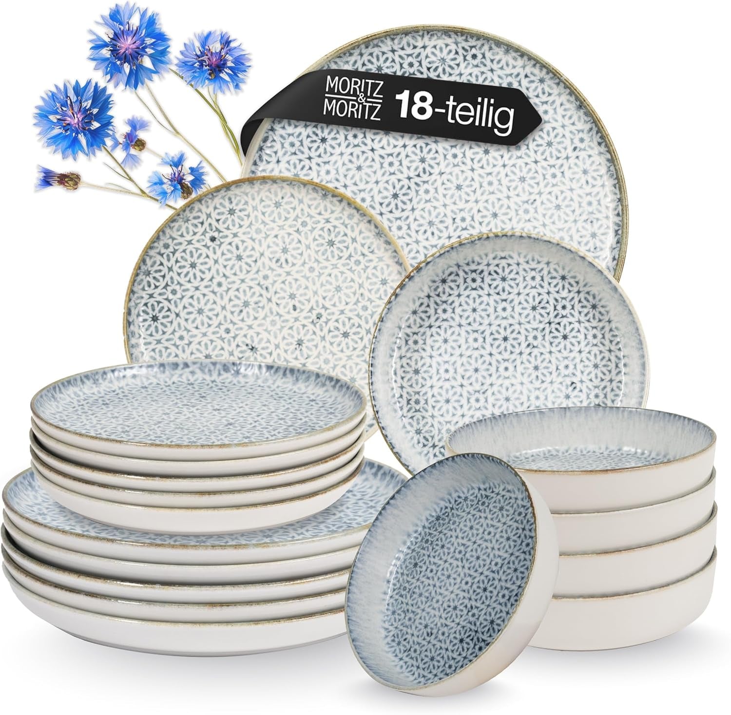 Moritz & Moritz ALHAMBRA Servizio Piatti per 6, 18 Pezzi, Porcellana di Alta Qualità - Stoviglie Moderne Blu - Set Di Facile Manutenzione Compreso 6 Piatti Piani, 6 Piatti Dessert e 6 Ciotole