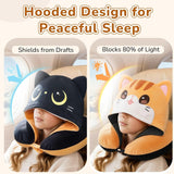 Cuscino da viaggio Mewaii, Cuscino bifacciale per adulti, Cuscino per collo in memory foam per aereo, Cuscino da volo reversibile con cappuccio per gatti, Cinghia regolabile