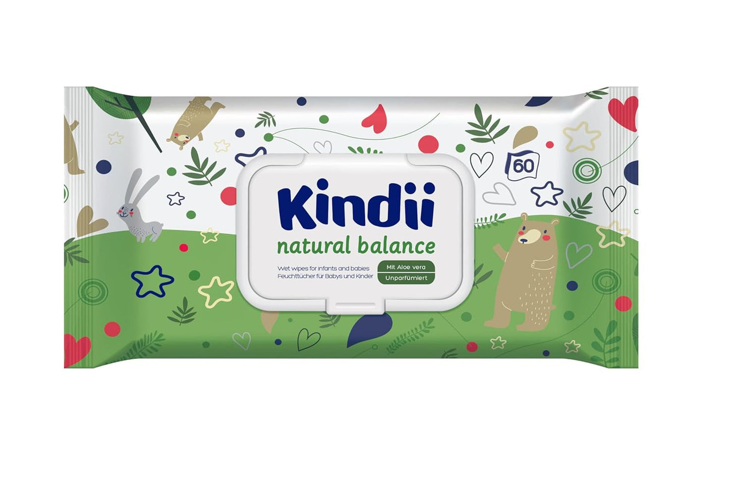 Salviettine umidificate per neonati Kindii Natural Balance – (1 x 60 pz.) Salviette umidificate per neonati e bambini – Protettive, Aloe Vera, Fragranza delicata – 60 pz.