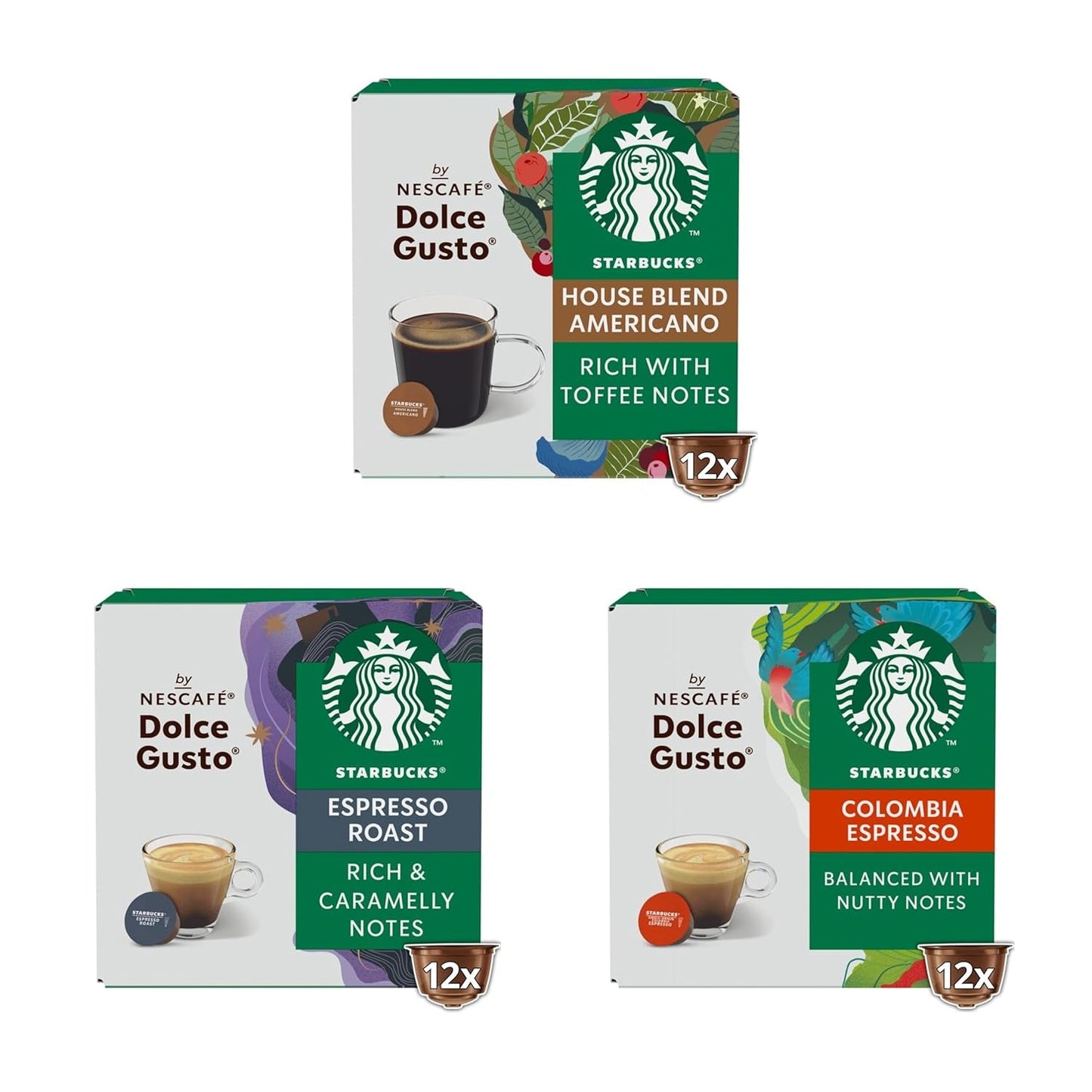 STARBUCKS Probierset, Espresso-Varianten di Nescafé Dolce Gusto Kaffeekapseln 6 x 12 (72 Kapseln) - Exklusiv bei Amazon