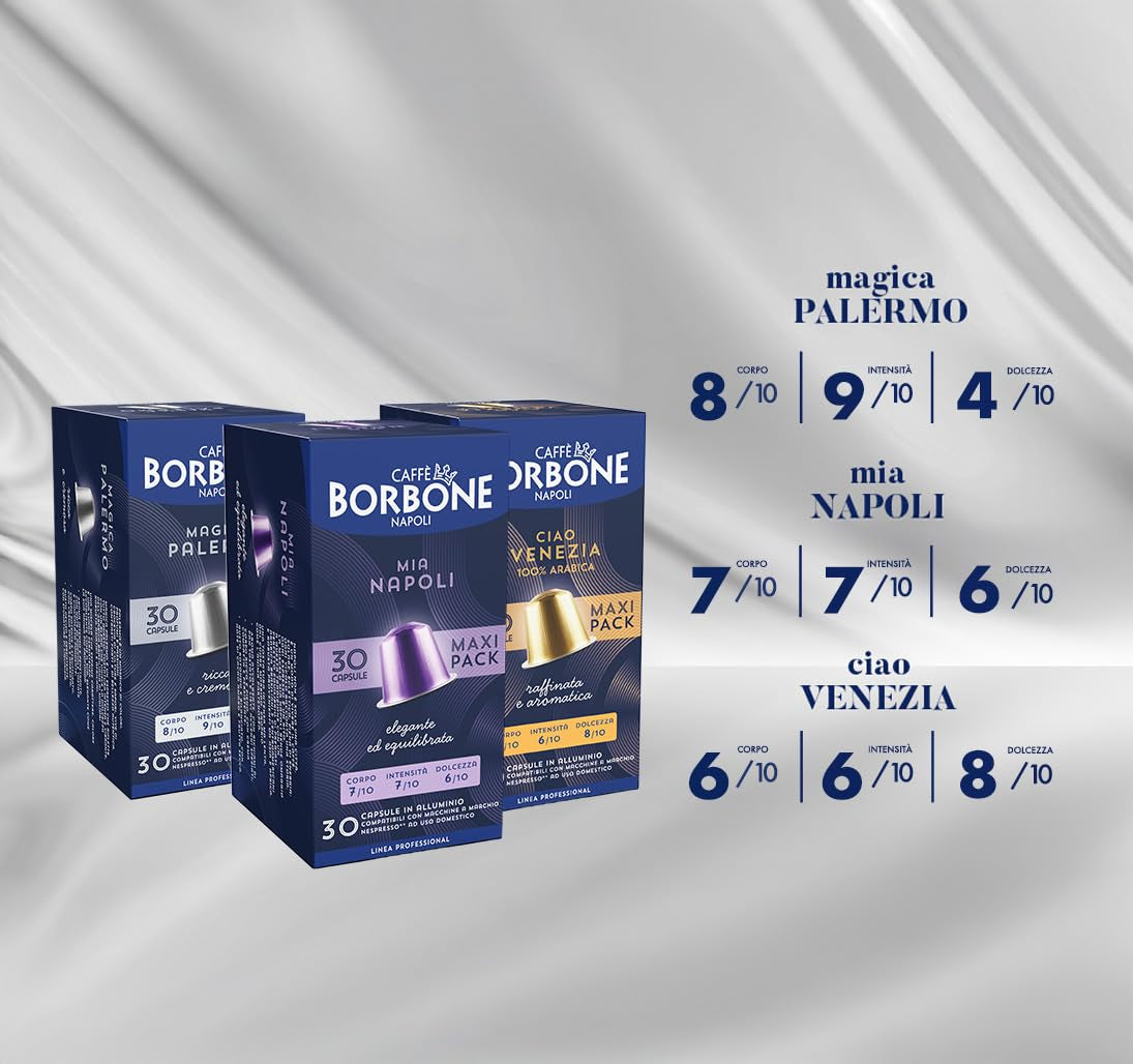 Kit Verkostung Caffè Borbone, 90 Capsule in Alluminio: 30 Mia Napoli, 30 Ciao Venezia, 30 Magica Palermo, (3 x 30 Stück) – Compatibili con Kaffeemaschinen für den Hausgebrauch della marca Nespresso®*