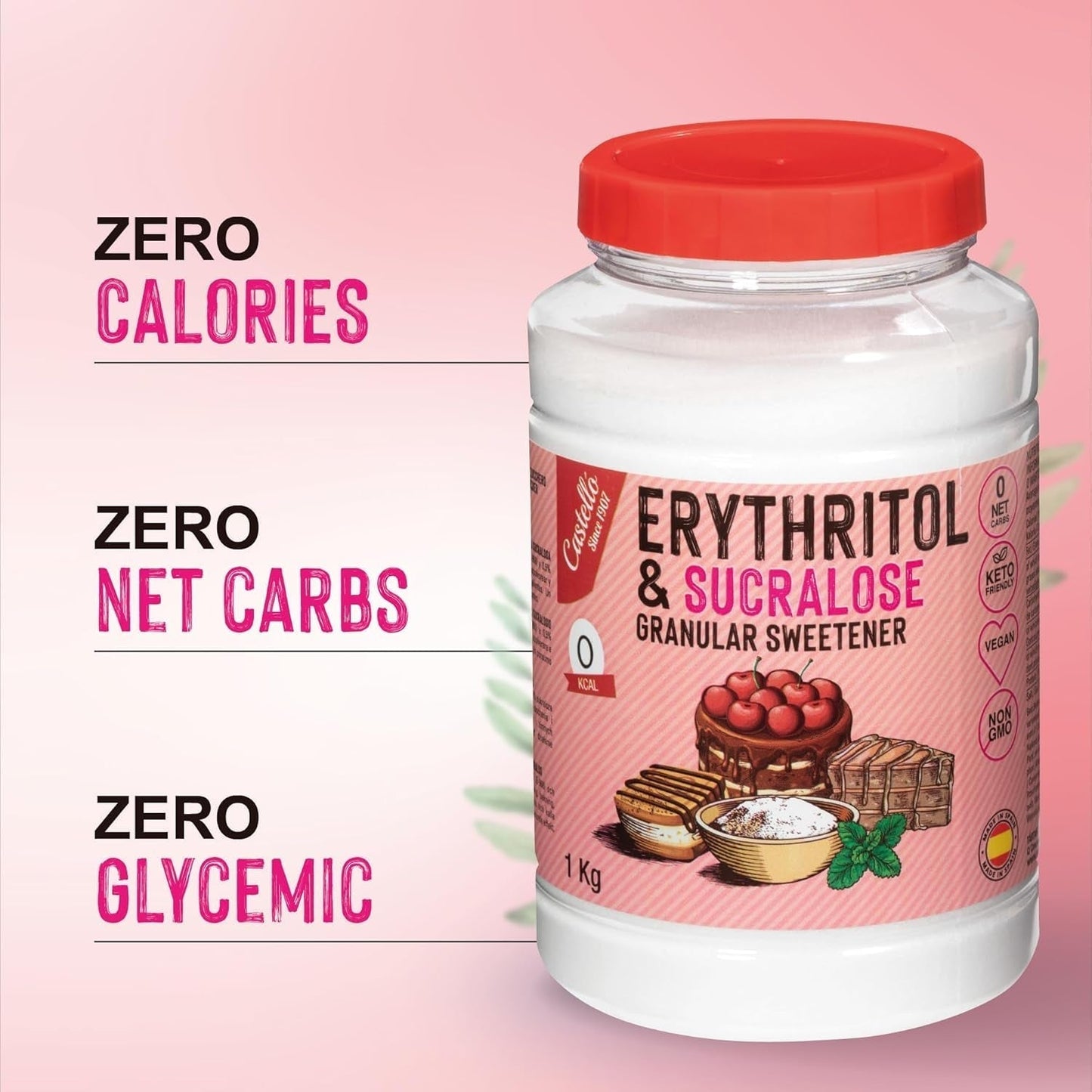 Eritritolo + Sucralosio 1:4 Sueßstoff | 1G = 4GZucker | 0 Netto-Kohlenidrato - 0 Kalorien - 0 Glykämischer Index - Keto - Kein GVO - Castello since 1907 - 1 Kg Dolcificanti Naty Shop