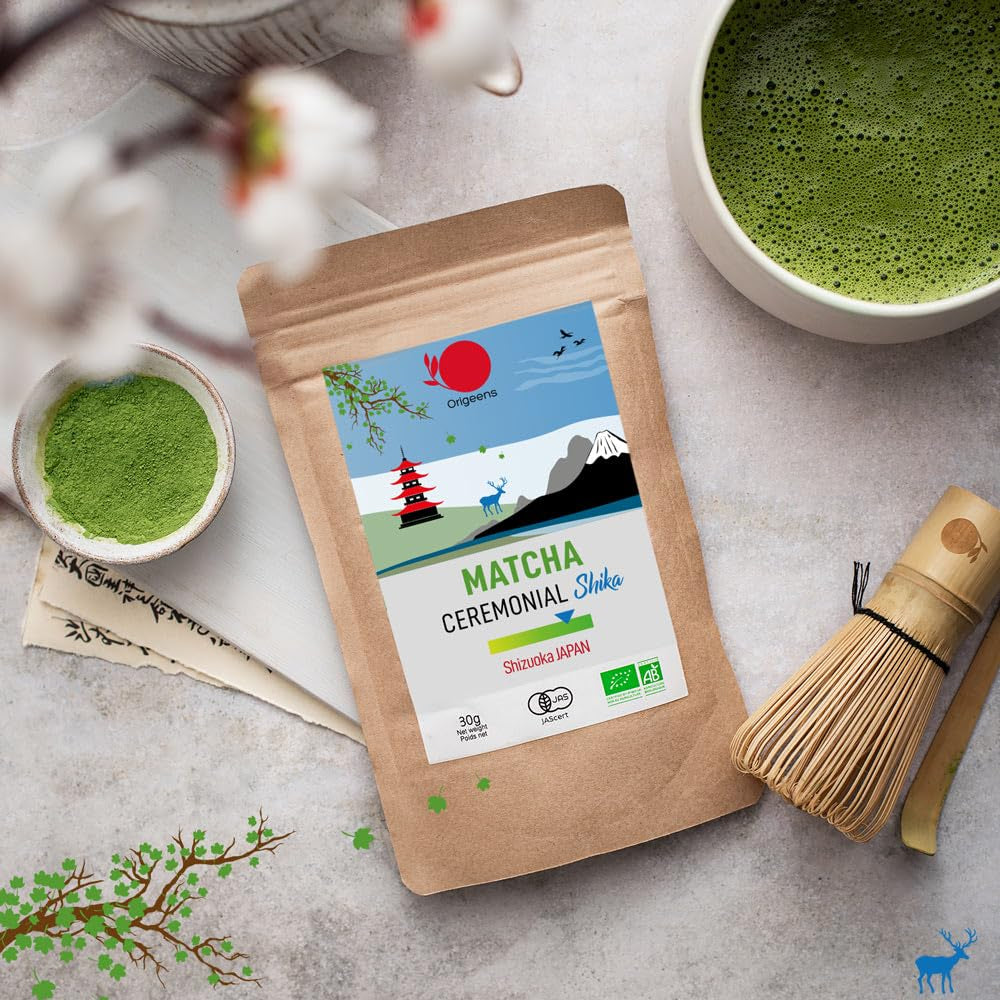 ORIGEENS BIO MATCHA CEREMONIAL GRADE "SHIKA" - Tè giapponese biologico di Shizuoka - Matcha Latte/Usucha - Borsa di ricarica da 30 g - Tè verde matcha biologico in polvere di grado cerimoniale