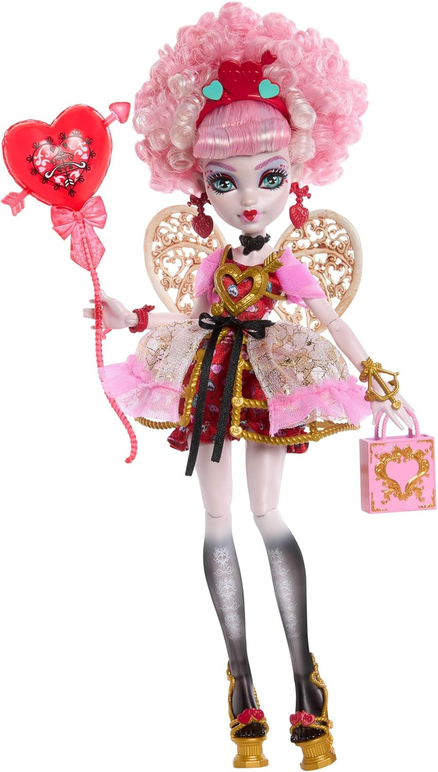 Monster High Scary Sweet Birthday Cupido Asteria bambola in abito da festa rosa e rosso con accessori a tema come invito, palloncino, regalo e altro, JBG77