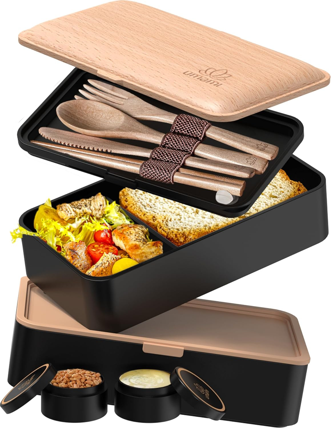 Portapranzo Umami per Adulti, Bento Box impilabile con 4 posate e scomparti, Portapranzo per adulti, Contenitore per insalata da asporto, Portapranzo da picnic/ufficio, Grigio antracite, Scatole per alimenti da 1500 ml Naty Shop Faggio Nero L - 1200 ml