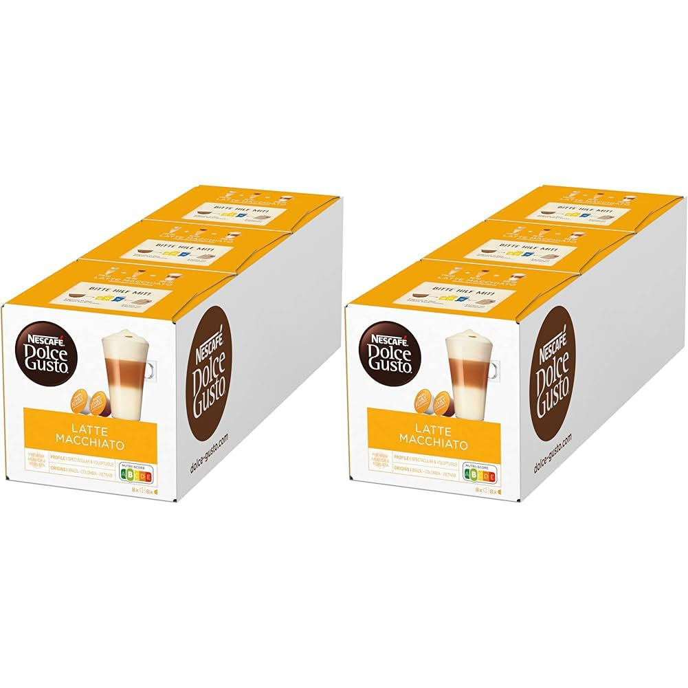 NESCAFÉ Dolce Gusto Latte Macchiato, 48 Kaffeekapseln, Aromatischer Espresso, 3-Schichten - Köstlichkeit aus feinem Milchschaum, Aromaversiegelte Kapseln, 6er Pack (3x16 Kapseln)