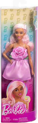 Bambola Barbie Fashionistas n. 238 con capelli rosa pastello, abito senza spalline con corpetto rosa, fermaglio per capelli con perle e tacchi alti e mollette, HYT94