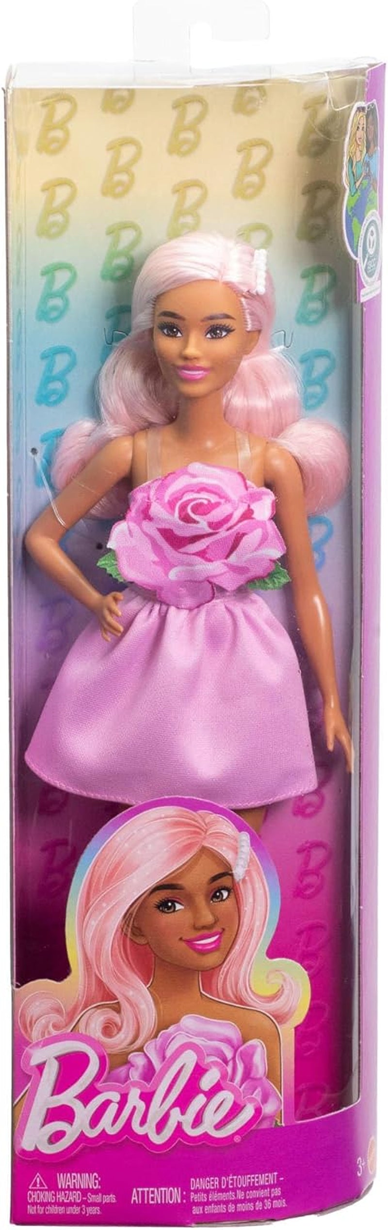 Bambola Barbie Fashionistas n. 238 con capelli rosa pastello, abito senza spalline con corpetto rosa, fermaglio per capelli con perle e tacchi alti e mollette, HYT94