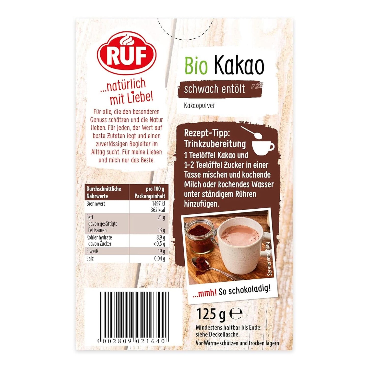 Cacao in polvere RUF di qualità biologica, 125 grammi Cacao e Cioccolata Calda Naty Shop