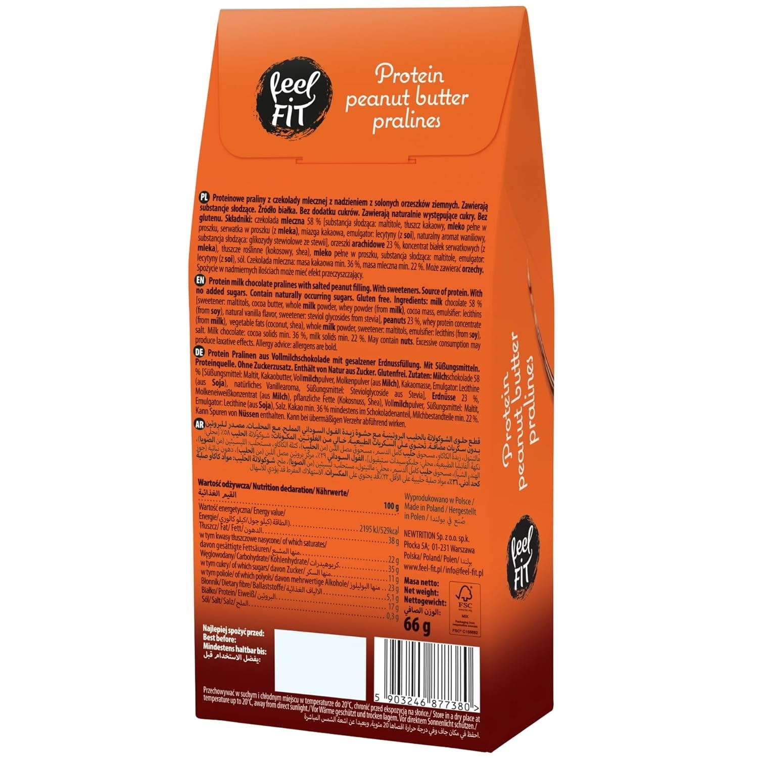 Feel FIT Praline proteiche al burro di arachidi in cioccolato al latte di alta qualità, senza zuccheri aggiunti, 17% di proteine, senza glutine 66g (1 confezione)