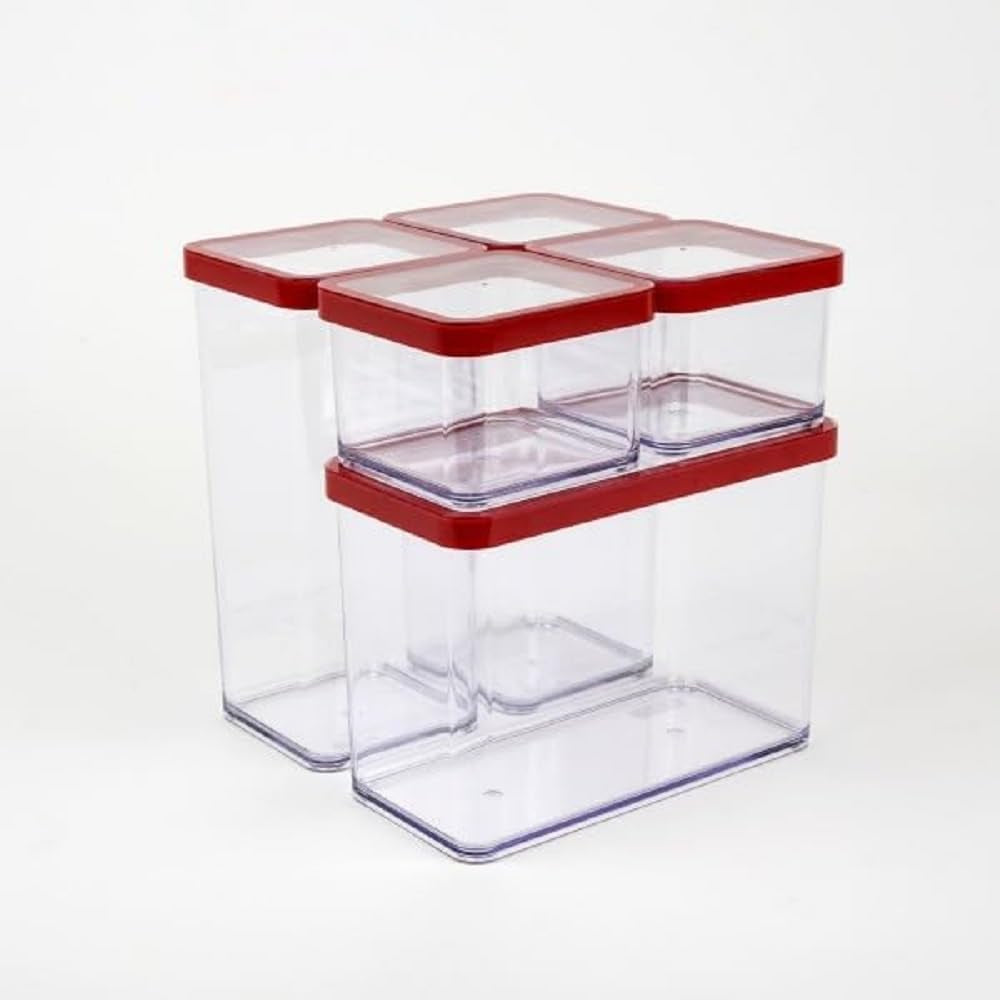Rotho Loft Set di 5 barattoli con coperchio, diverse dimensioni, plastica alimentare (PP) senza BPA, trasparente/rosso, (21,4 x 21,4 x 23,5 cm) Naty Shop Set di 5 contenitori per alimenti (1X 2,1 L + 2X 1,5 L + 2X 0,5 L)