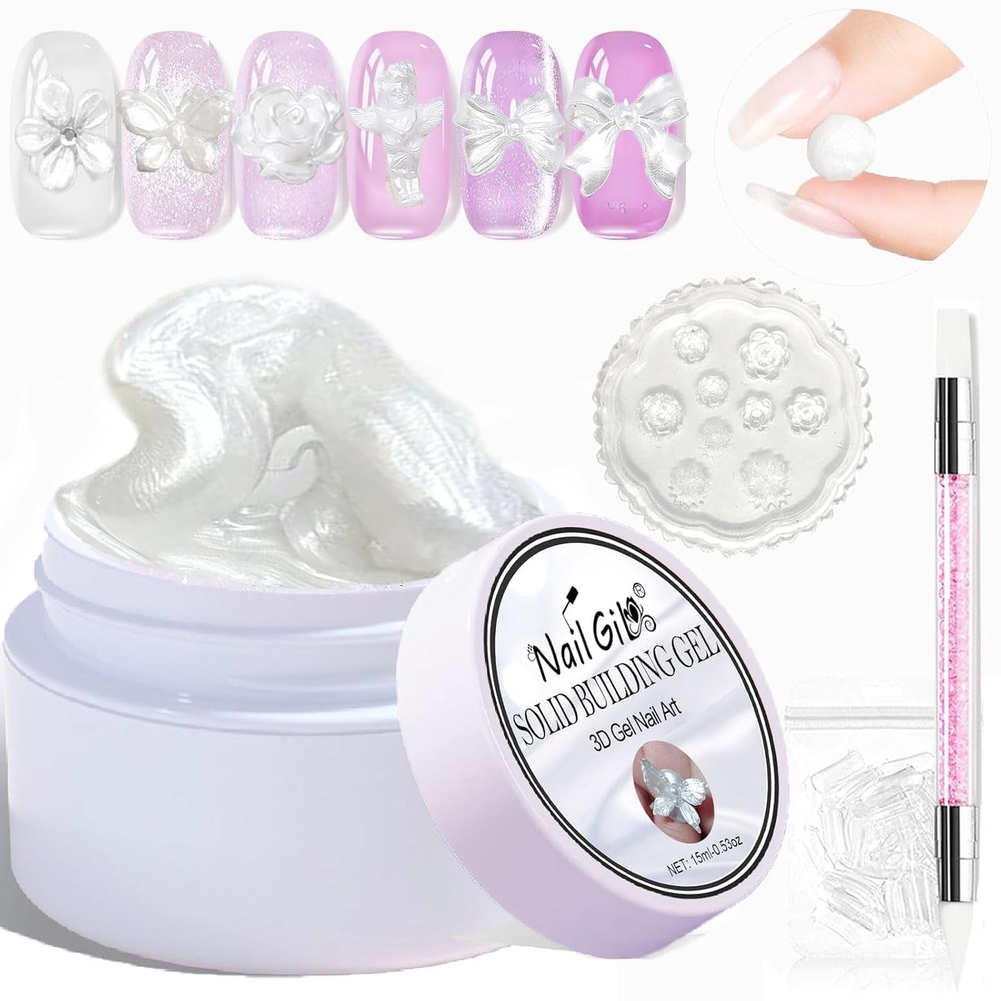 NAILGIL Smalto per unghie gel solido, Colla per unghie gel solido, Scultura per nail art 3D con set di strumenti, Salone per la casa fai-da-te, Trasparente 15G