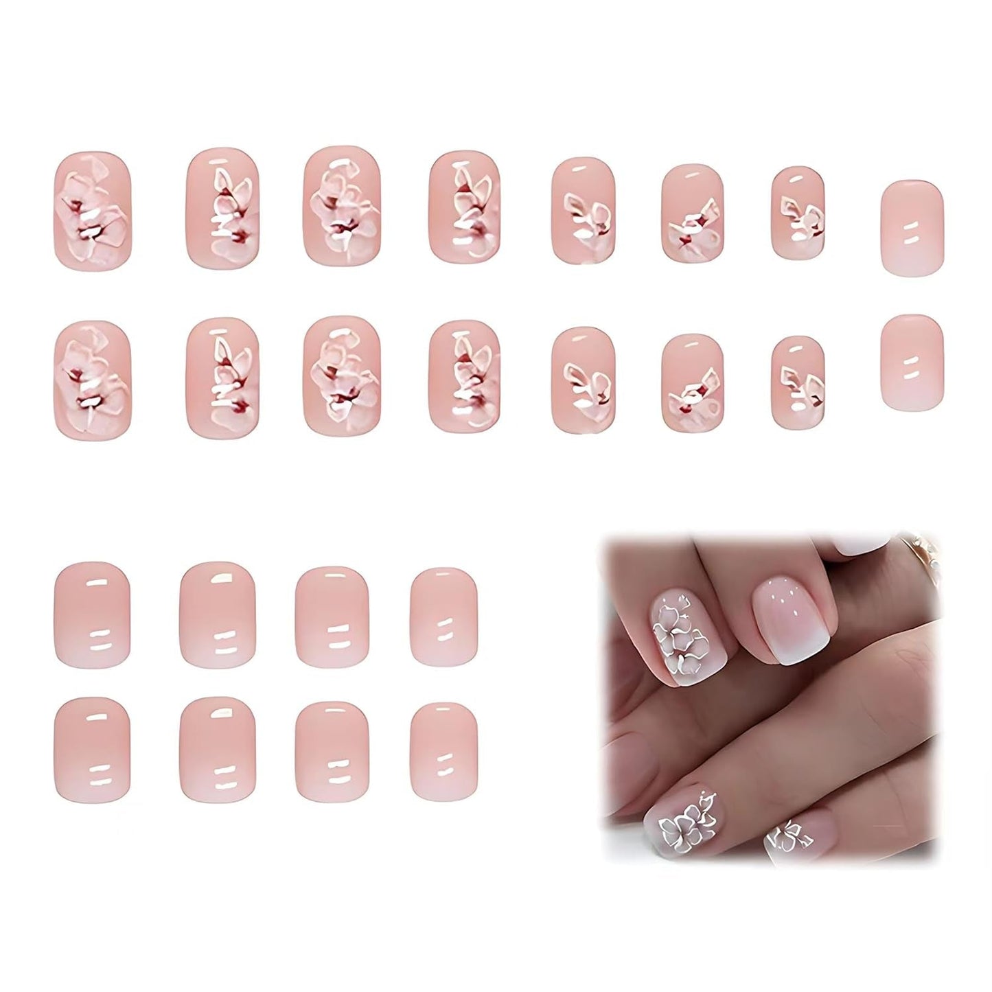 24 pezzi Quadrati bianchi Colla su unghie corte Motivo floreale sfumato rosa Stampa sulle unghie Unghie artificiali Arte delle unghie finte Unghie quadrate francesi Unghie artificiali per le donne