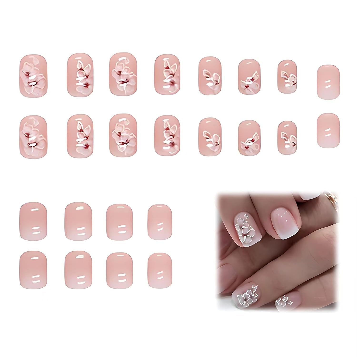24 pezzi Quadrati bianchi Colla su unghie corte Motivo floreale sfumato rosa Stampa sulle unghie Unghie artificiali Arte delle unghie finte Unghie quadrate francesi Unghie artificiali per le donne