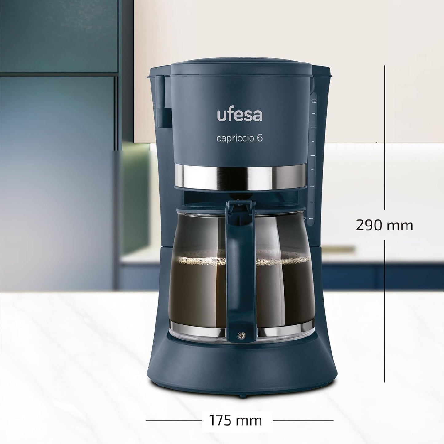 Ufesa CG7114 Caffettiera filtro Capriccio, 6 tazze, 600W, caraffa 0,6L, sistema antigoccia, spegnimento automatico, blu