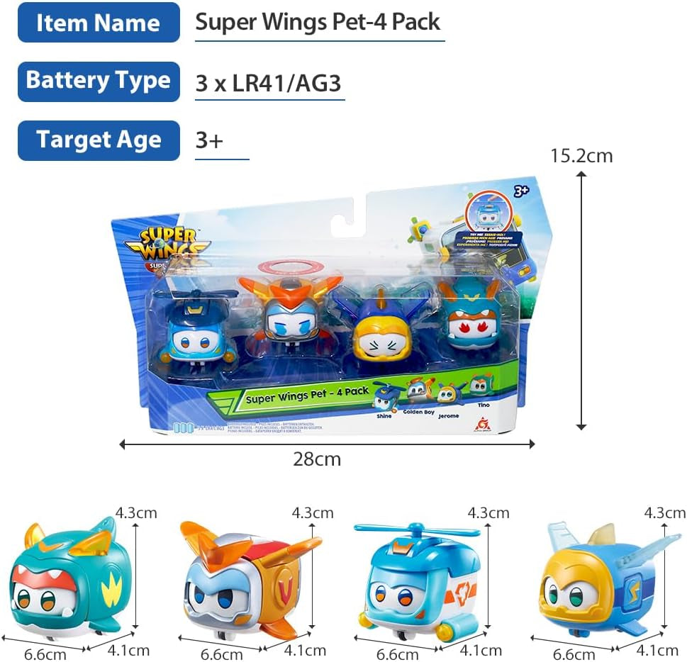 Super Wings Super Pets 4 pezzi Shine, Golden Boy, Jerome, Ellie Espressione facciale commutabile Effetto lampo Giocattolo portatile per 3 4 5 6 7 8 anni Ragazzo Ragazza Action Figure da 2 pollici Naty Shop
