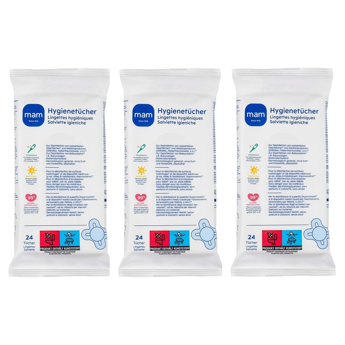 MAM Assorbenti Igienici Confezione da 3 (3 x 24 Pezzi), Salviette Detergenti per Dispositivi Medici e Accessori per Neonati, Assorbenti Igienici Antibatterici e Anti Virus
