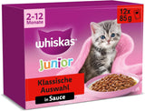 Whiskas Junior Classic Selection Cibo umido per gatti in salsa, 48 bustine, 12 x 85 g (confezione da 4) - Cibo umido di alta qualità per gatti in crescita, da 2 a 12 mesi