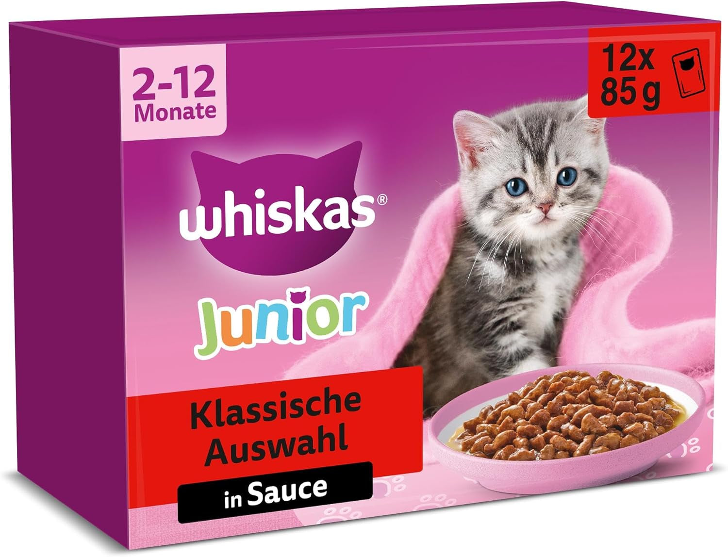 Whiskas Junior Classic Selection Cibo umido per gatti in salsa, 48 bustine, 12 x 85 g (confezione da 4) - Cibo umido di alta qualità per gatti in crescita, da 2 a 12 mesi