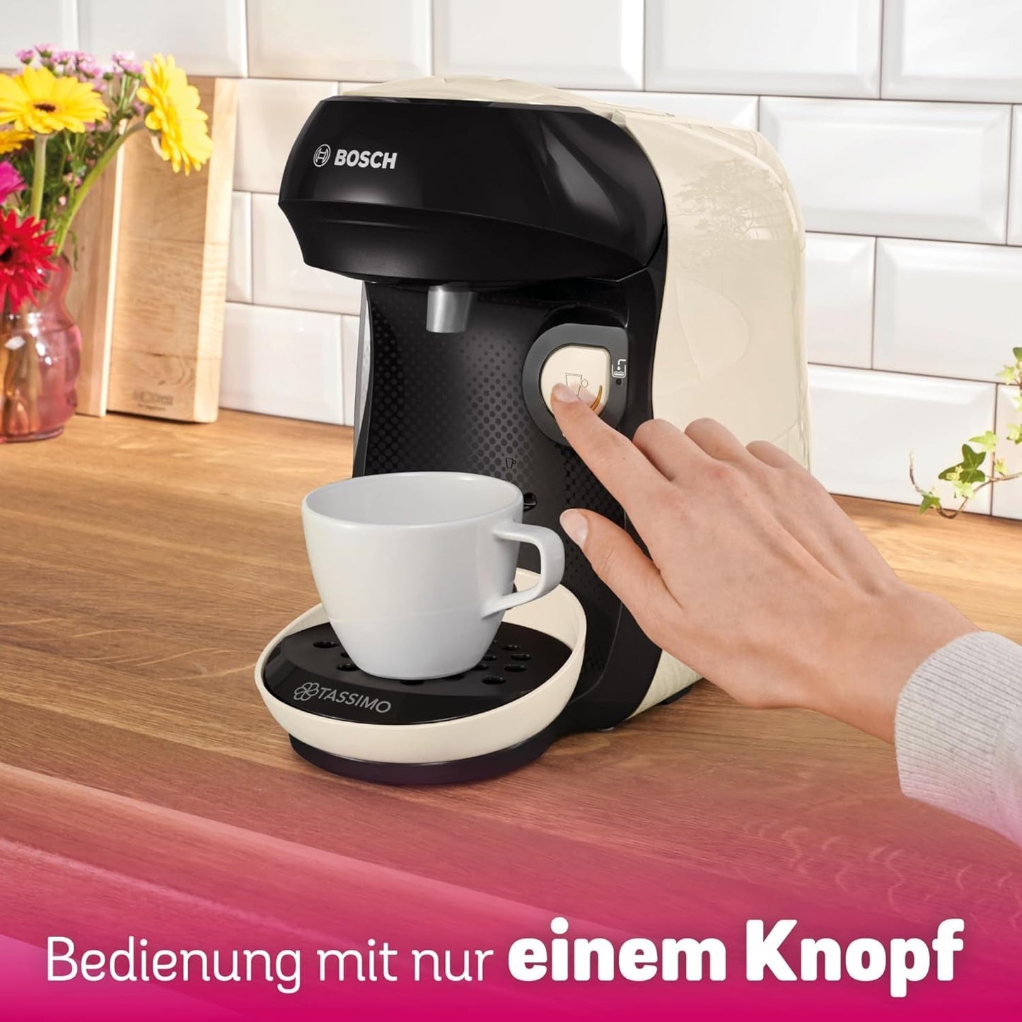 Bosch Tassimo Happy Friendly TAS107E Macchina per caffè a capsule, 70+ bevande, Adatta a tutte le tazze, Arresto automatico, Sostenibile, Dosaggio perfetto, Salvaspazio, 1400 W, Crema/Nero