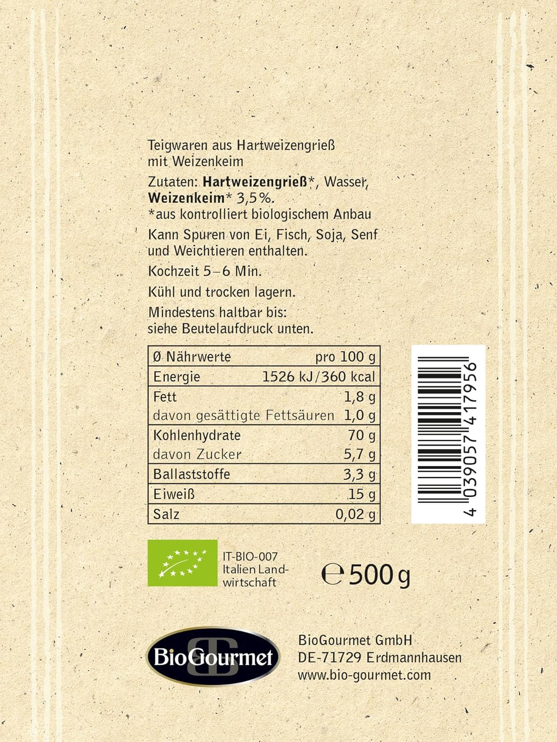 BioGourmet Pappardelle al Germe di Grano - Pasta Larga Bio per Stufati e Sughi - con Nutrienti Extra | 500 g Biologico e Vegano