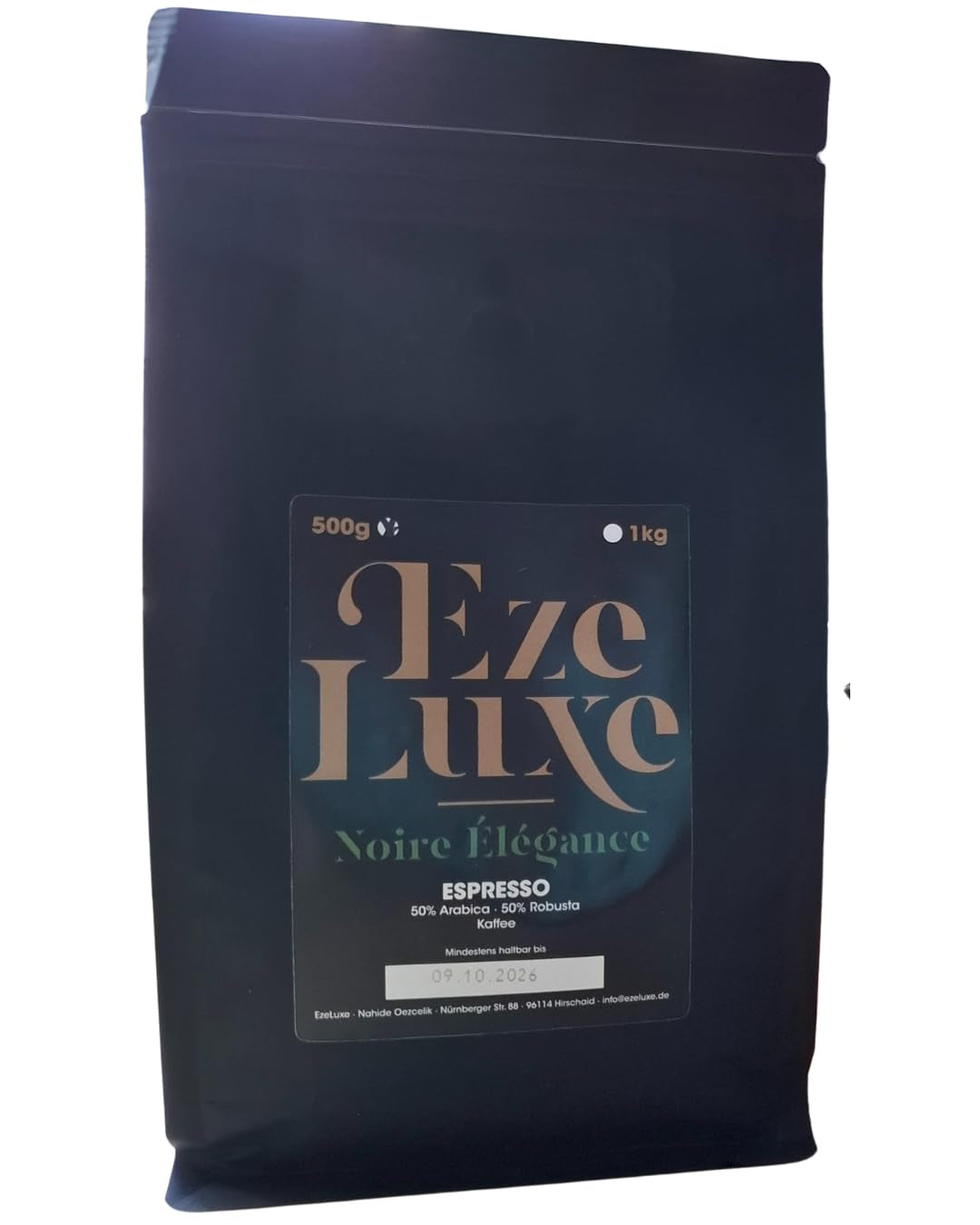 Caffè Espresso Noire Elegance 500g – 50% Arabica e 50% Robusta dal Brasile e dall'India – tostatura media, forte e cremoso con cioccolato fondente – intensità 8 – incl. macchina per caffè espresso gratuita