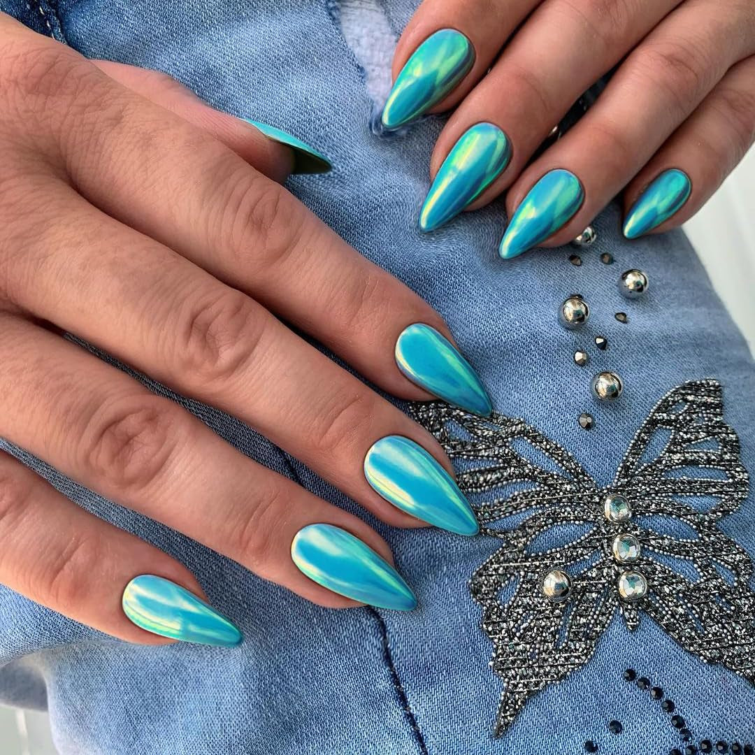 Unghie cromate autoadesive - Colla glitterata marrone mandorla media sulle unghie Unghie finte glitterate Colla sulle unghie artificiali Unghie acriliche smaltate per donne 24 pezzi