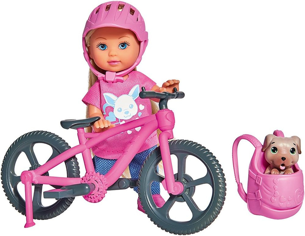 Simba 105733273 - Evi Love Fun Holiday Bike bambola con bici, cane e zaino, bambola alla moda, 12 cm, per bambini dai 3 anni in su