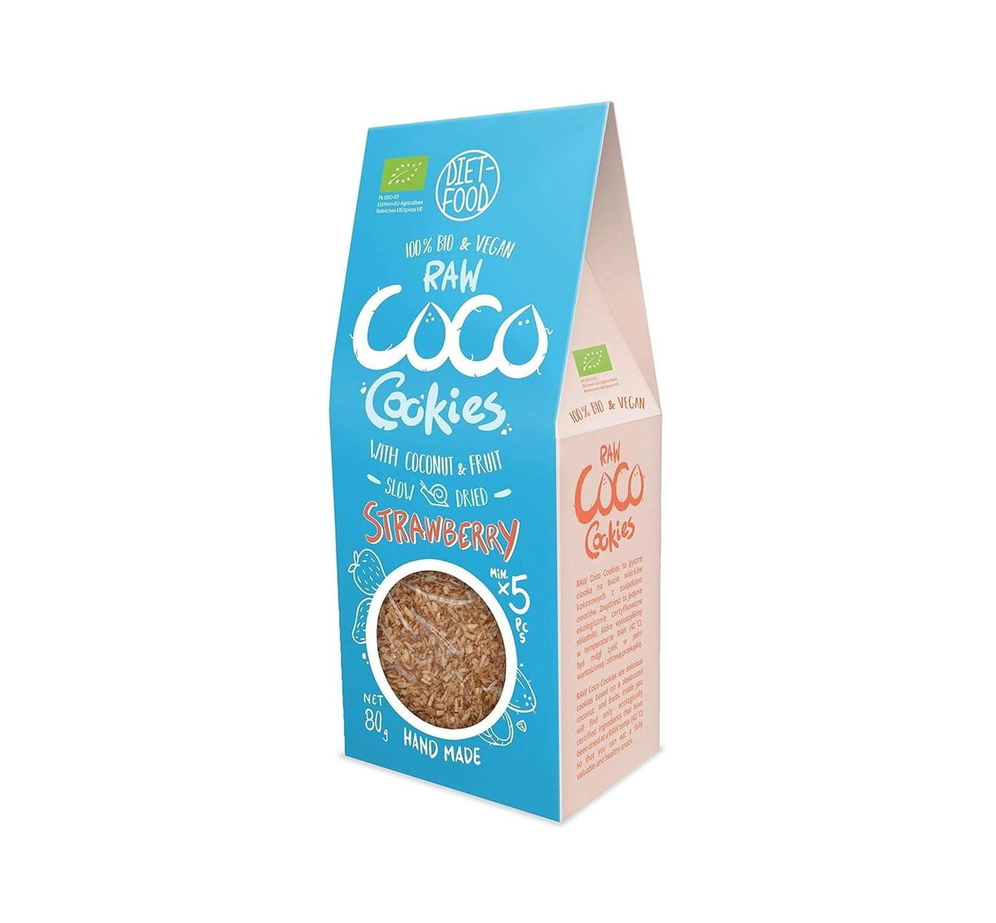 DIET-FOOD Biscotti Biologici con Gocce di Cocco e Fragole Snack salutare Deliziosi biscotti per l'ufficio, senza conservanti 80 g (1 confezione)