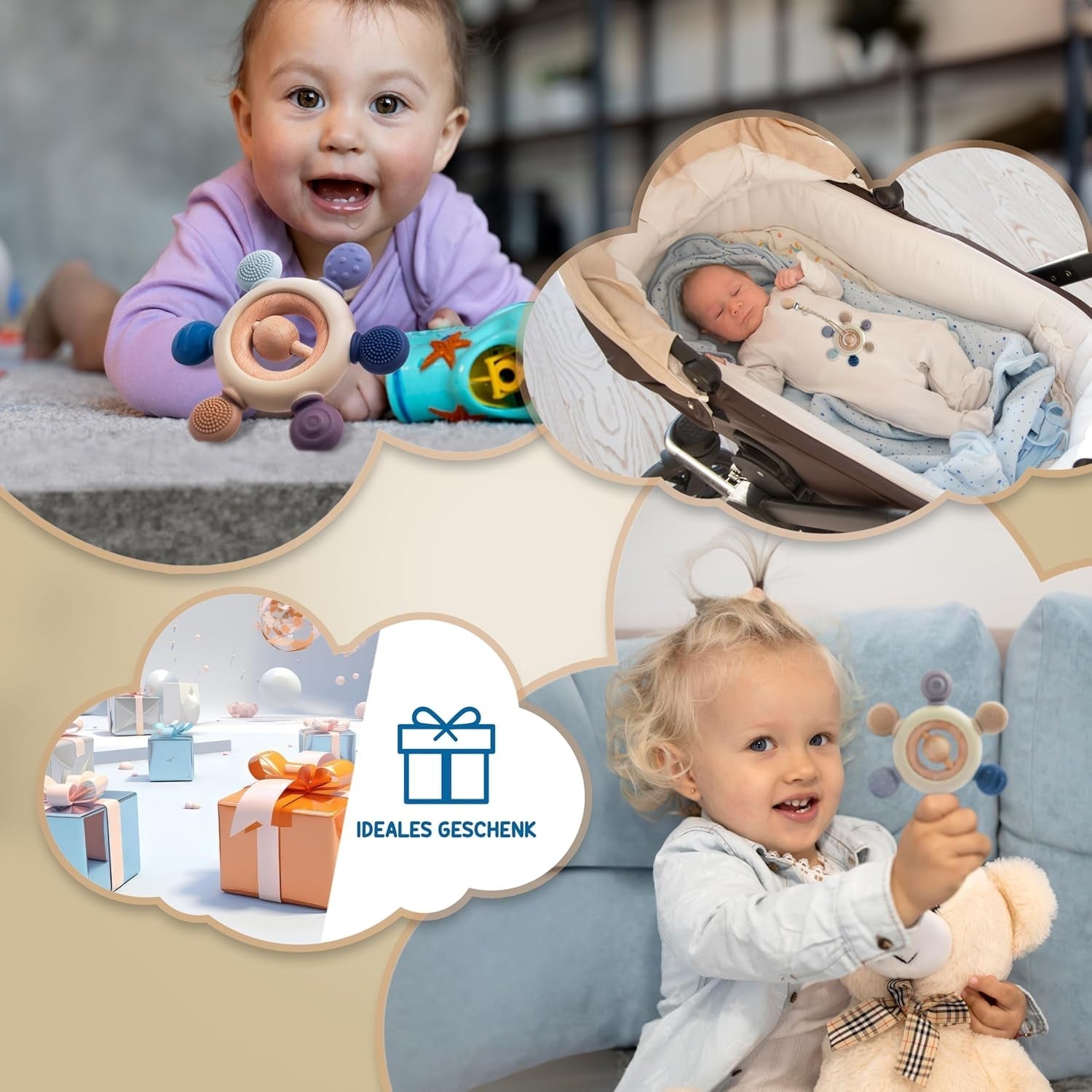 Anello per massaggiagengive con catenella per ciuccio - Aiuto per la dentizione - Giocattolo per bambini 0-6 mesi - Elementi essenziali per neonati - Giocattolo per la dentizione senza BPA - Idee regalo per neonati