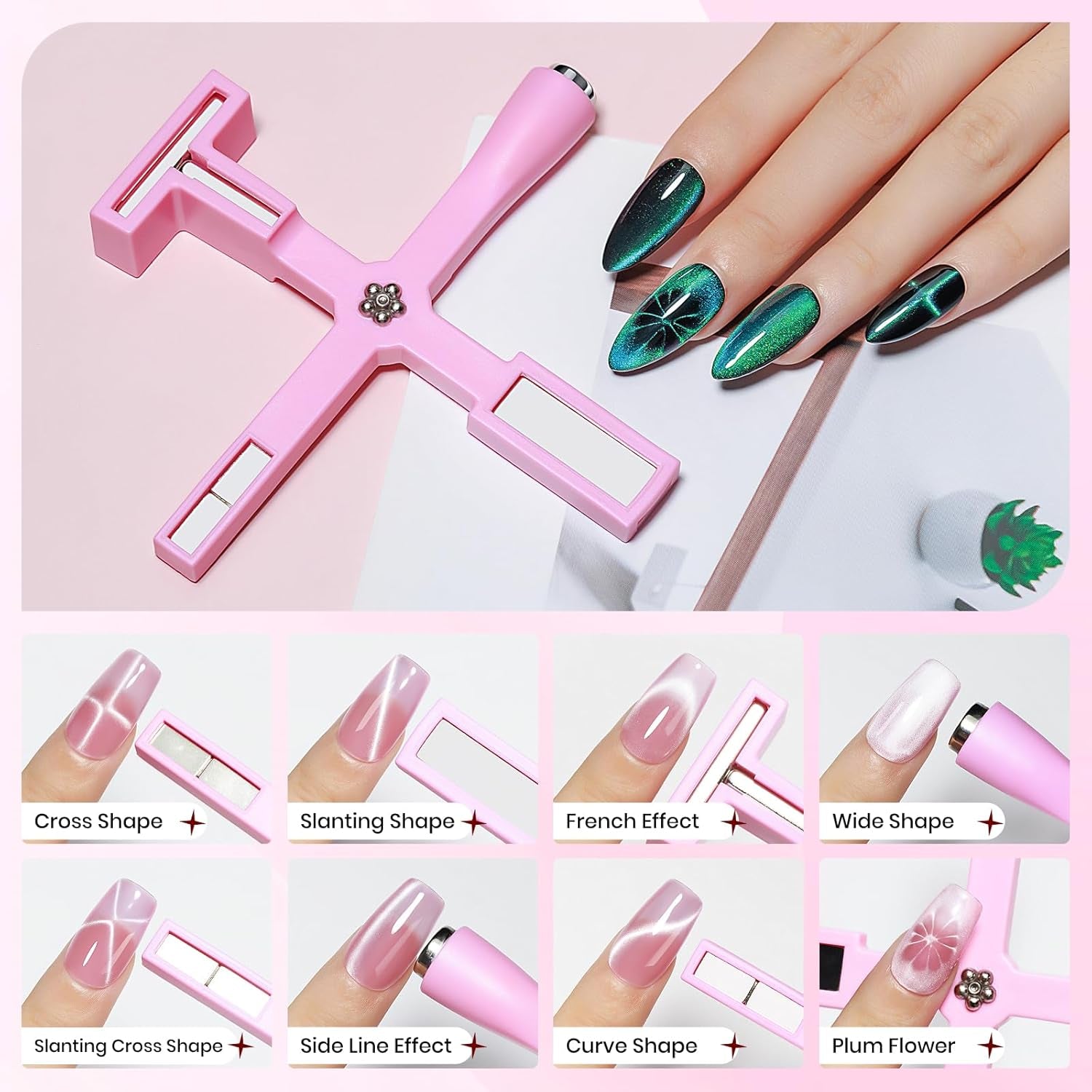 SUPWEE Strumento magnetico per unghie 5 in 1, Magnete rosa Cat Eye per unghie Stilo magnetico multifunzione Fai da te Magic 3D Magnet Stick Pen Set Nail Art Magnet Stick per Nail Art Articoli fai da te