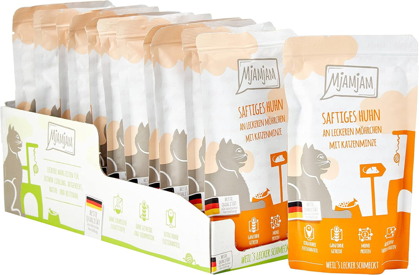 MjAMjAM - Cibo umido premium per gatti - Busta comprimibile - Pollo succoso con deliziose carote Confezione da 12 (12 x 125 g) Senza cereali con carne extra