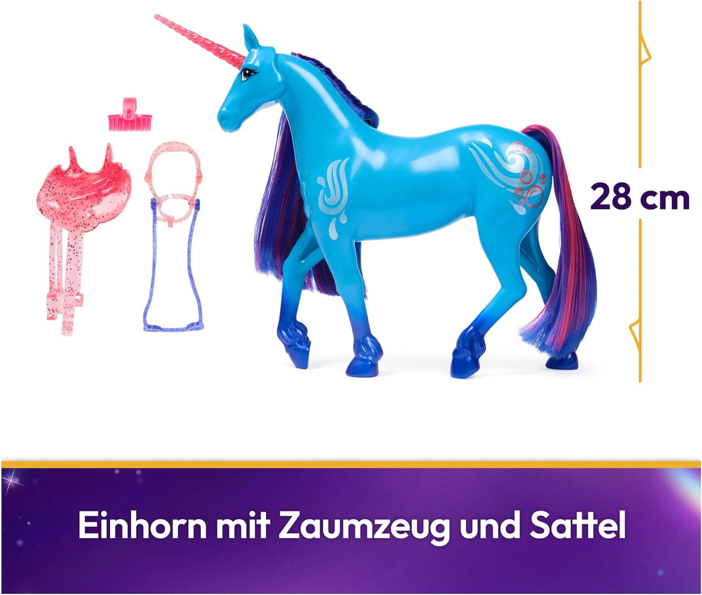 Unicorn River Unicorn Academy - Unicorno originale Isabel della serie Netflix alto 28 cm, con vera criniera e coda, briglie, sella e spazzola rimovibili, per bambini dai 4 anni in su
