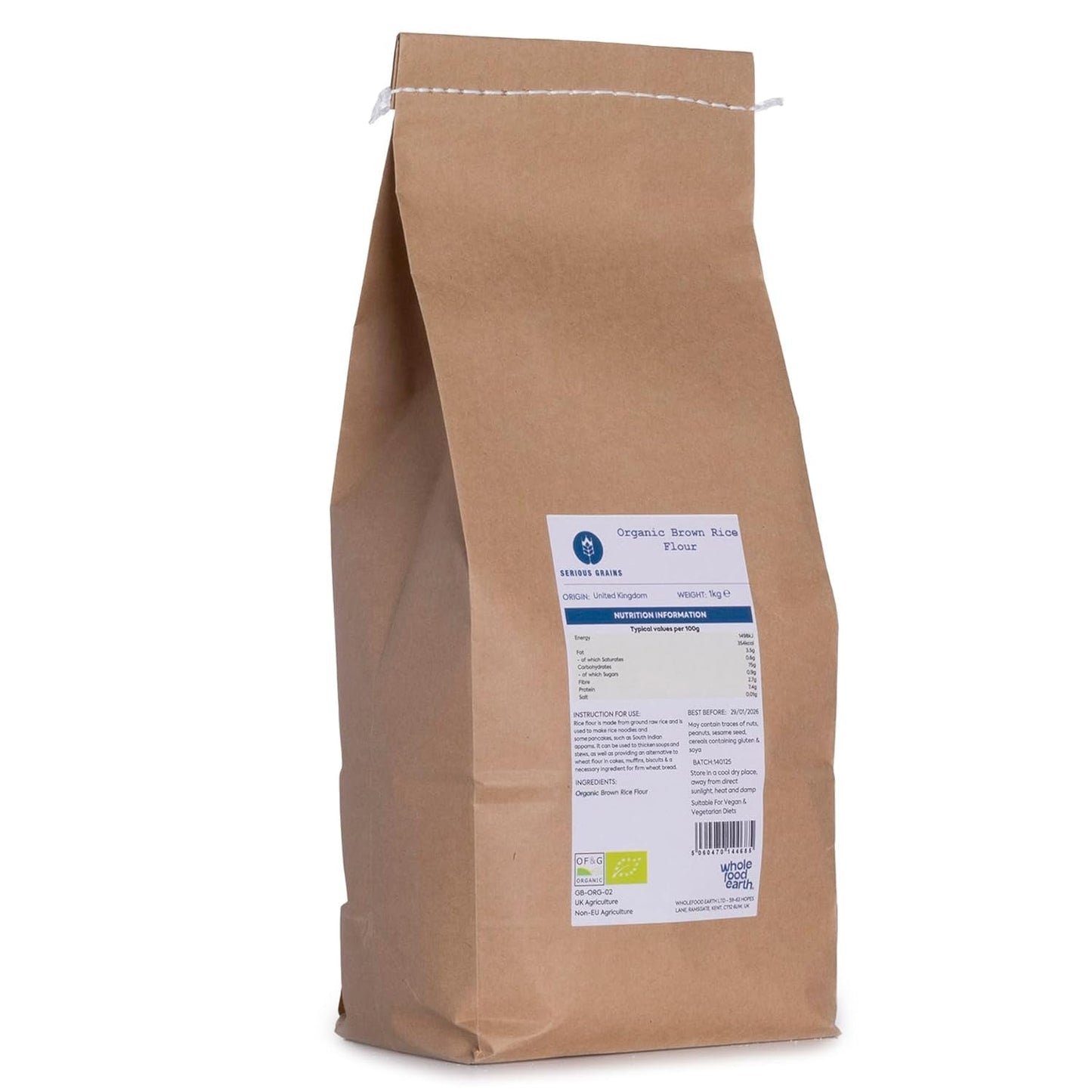 Farina di riso integrale biologica Wholefood Earth – 3 kg | Macinato a pietra | Non OGM | Certificato biologico