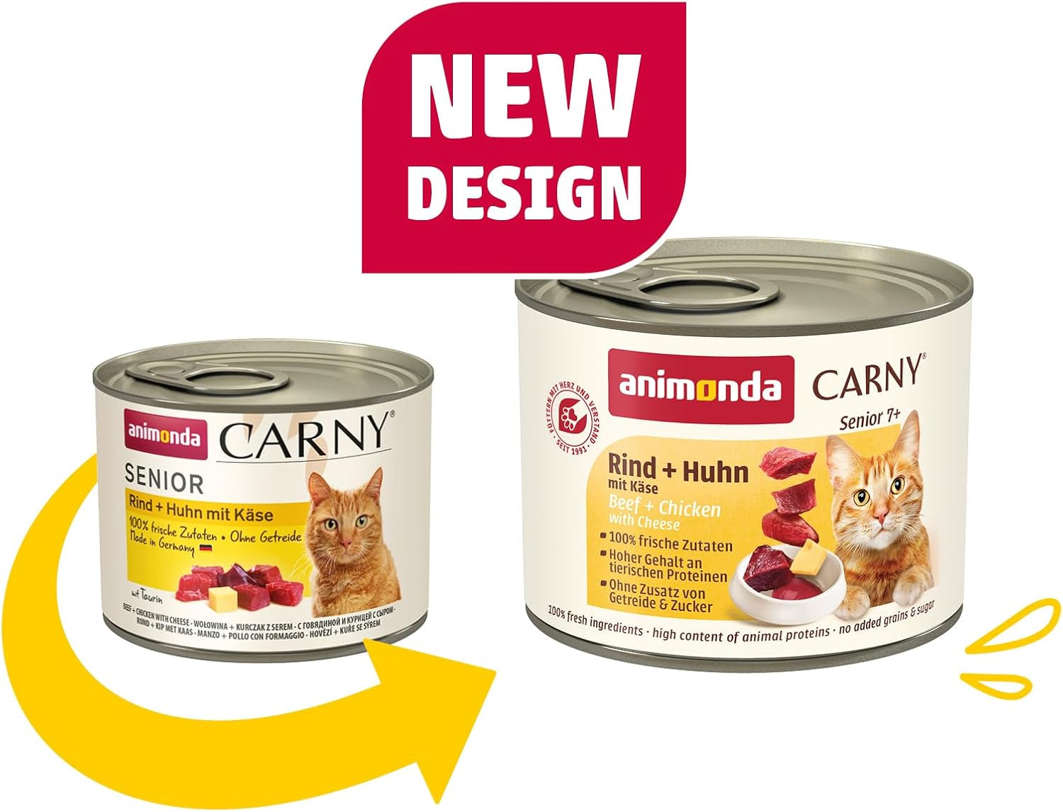 Animonda Carny Senior Cibo umido per gatti con manzo + pollo + formaggio (6 x 200 g), cibo umido senza cereali e senza zucchero per gatti dai 7 anni in su, con ingredienti freschi e carnosi