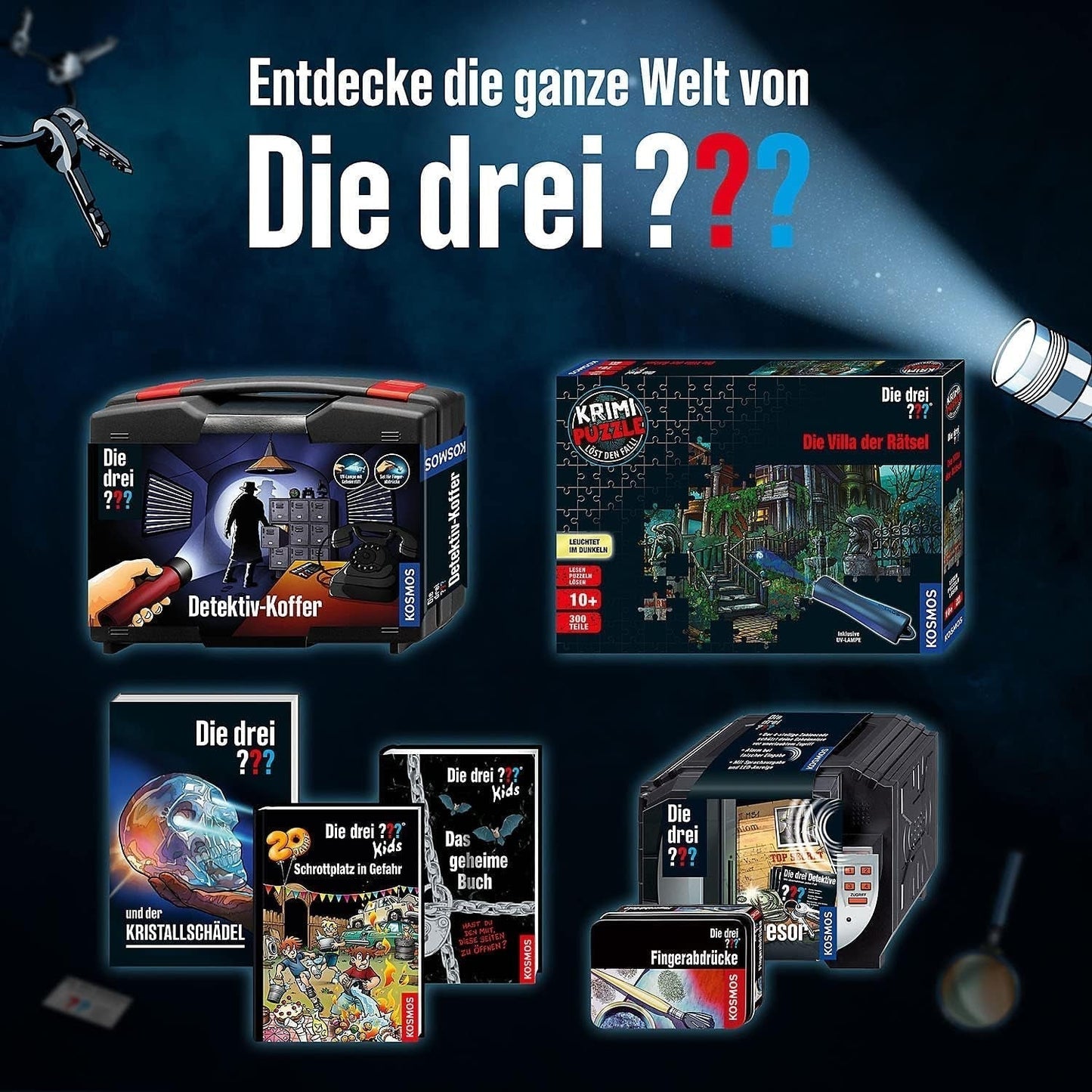 I Tre??? - Crime Puzzle - La Villa dei Puzzle By KOSMOS 697976, 300 pezzi, Si illumina al buio, Con lampada UV, Lettura, Puzzle, Soluzione di enigmi, Puzzle da detective Da 10 anni Puzzle Naty Shop