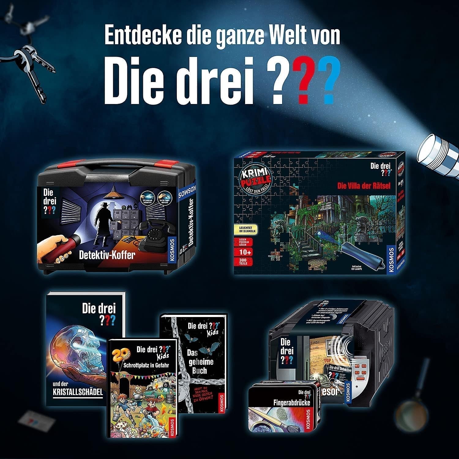 I Tre??? - Crime Puzzle - La Villa dei Puzzle By KOSMOS 697976, 300 pezzi, Si illumina al buio, Con lampada UV, Lettura, Puzzle, Soluzione di enigmi, Puzzle da detective Da 10 anni Puzzle Naty Shop