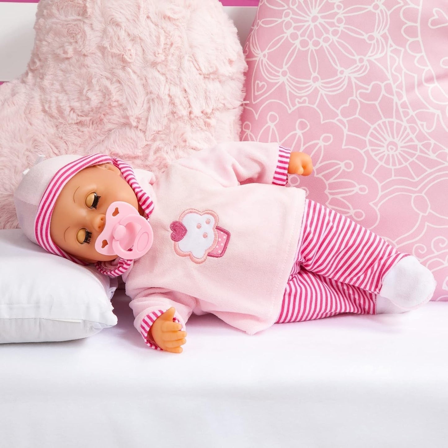 Bambola First Words con occhi assonnati, parla 24 suoni da bambino, con bambola e biberon, 38 cm, rosa/righe Naty Shop Dolls