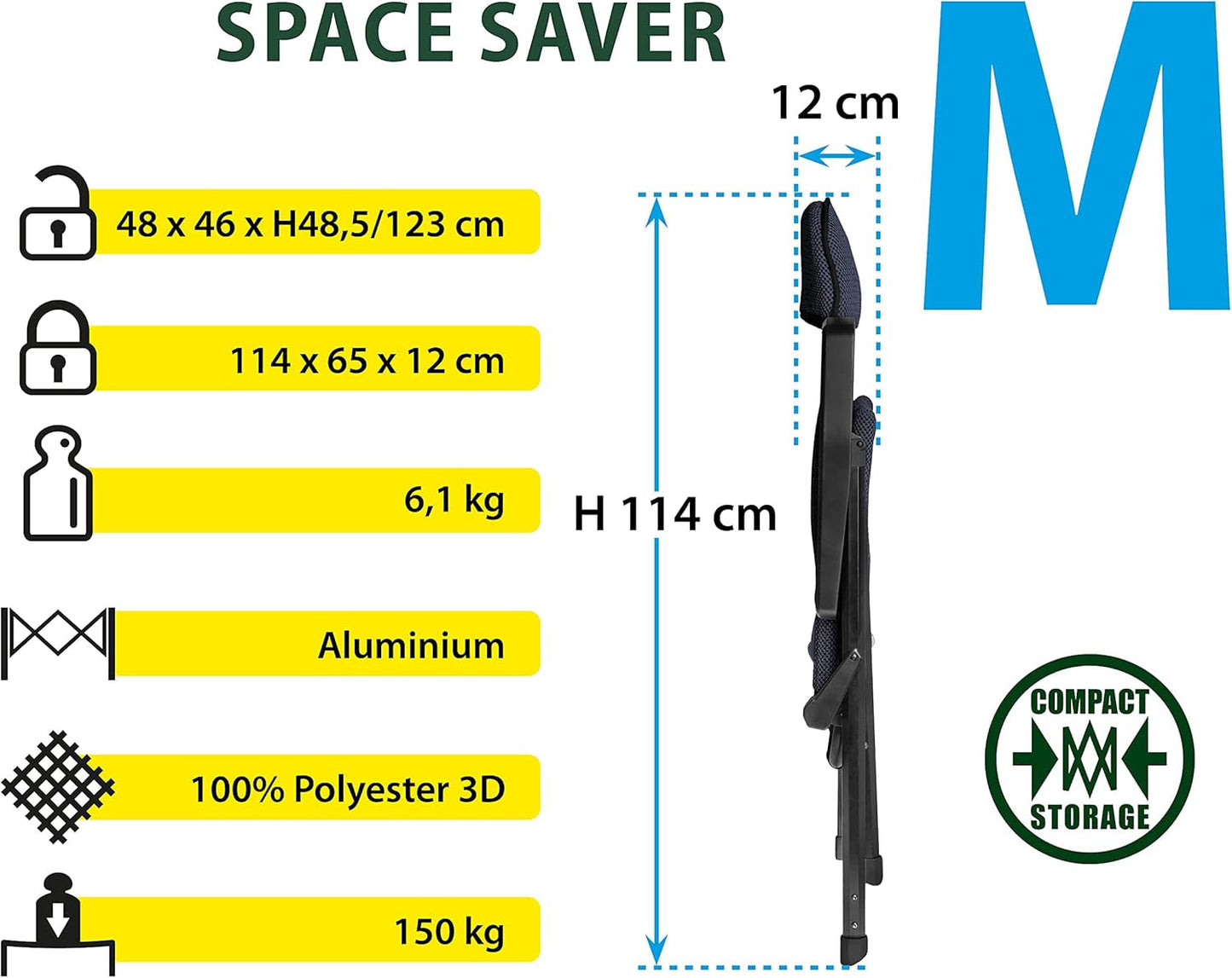 BRUNNER Rebel PRO (S-M-L) Sedia pieghevole da campeggio, giardino, patio In alluminio, regolabile in 5 posizioni, portata fino a 150 kg, schienale alto, nero o blu Cuscini da viaggio Naty Shop
