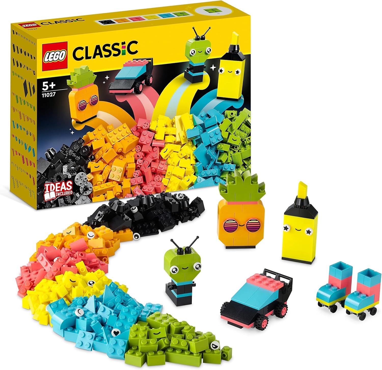 LEGO 11027 Classic Neon Set di costruzione creativo, Set di scatole di mattoni, Giocattolo da costruzione con modelli: macchina, ananas, alieno, pattini a rotelle, personaggi e altro, per bambini dai 5 anni Set di costruzione Besuche den LEGO-Store Single