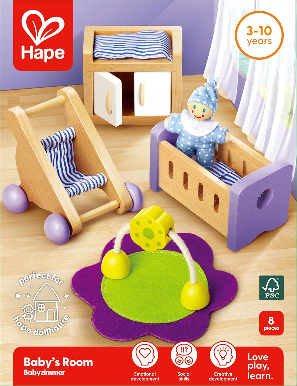 Hape Cameretta per Bambole - Set per Cameretta per Bambole in Legno, Mobili per Bambole, Accessori per Casa delle Bambole per Bambini, Cameretta per Bambini in Miniatura con Altalena e Accessori, Gioco di Ruolo di 3 Anni