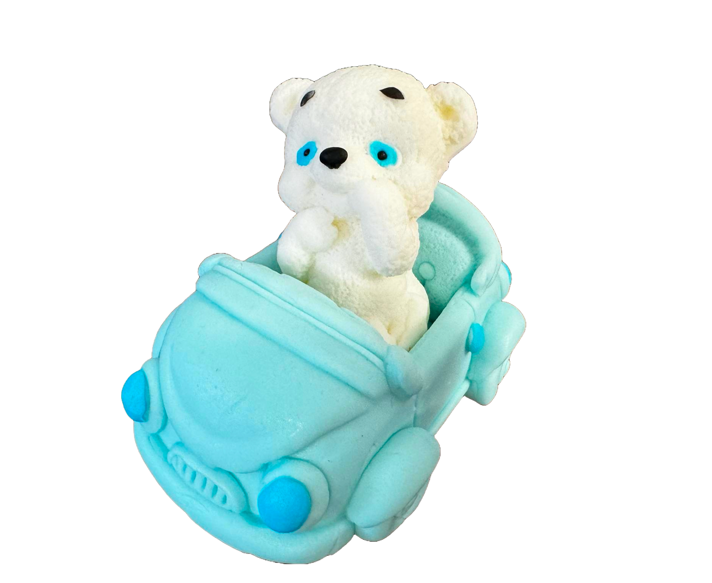 Decorazione commestibile in pasta di zucchero, Orso bianco con macchinina blu Decorazioni in pasta di zucchero Naty Shop