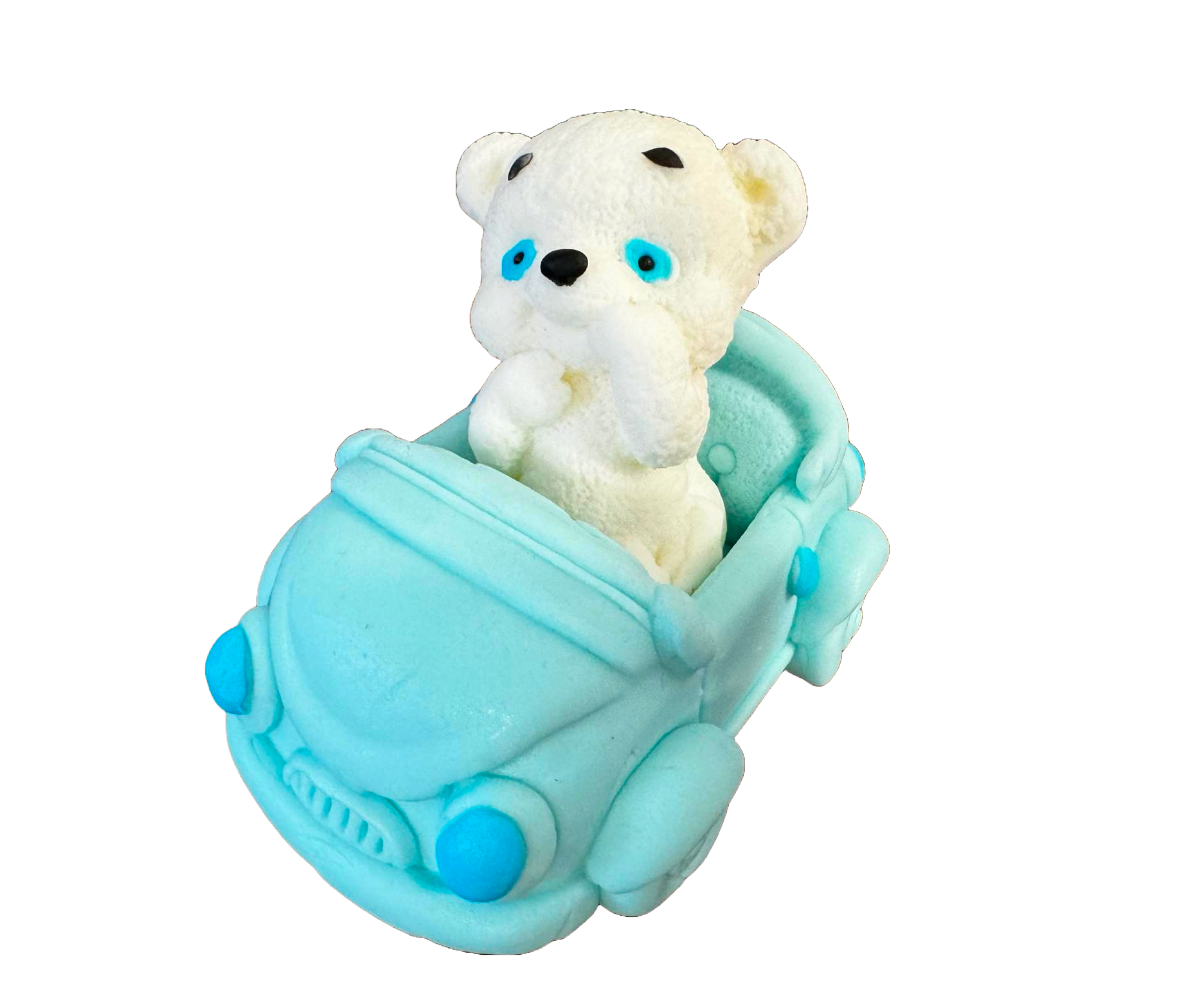 Decorazione commestibile in pasta di zucchero, Orso bianco con macchinina blu Decorazioni in pasta di zucchero Naty Shop