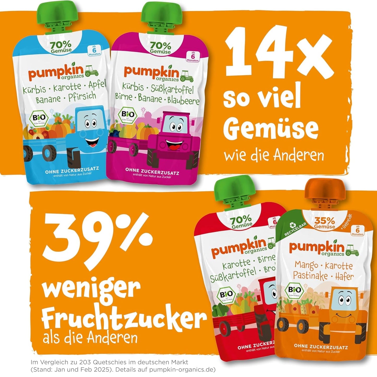 Pumpkin Organics buste di verdure e cereali biologici, confezione da 8: Pera, Fragole, Patate dolci, Barbabietola rossa, Banana, Avena - Senza zuccheri aggiunti¹ - Dai 6 mesi - come spuntino o alimento complementare nella confezione (8 x 100g)