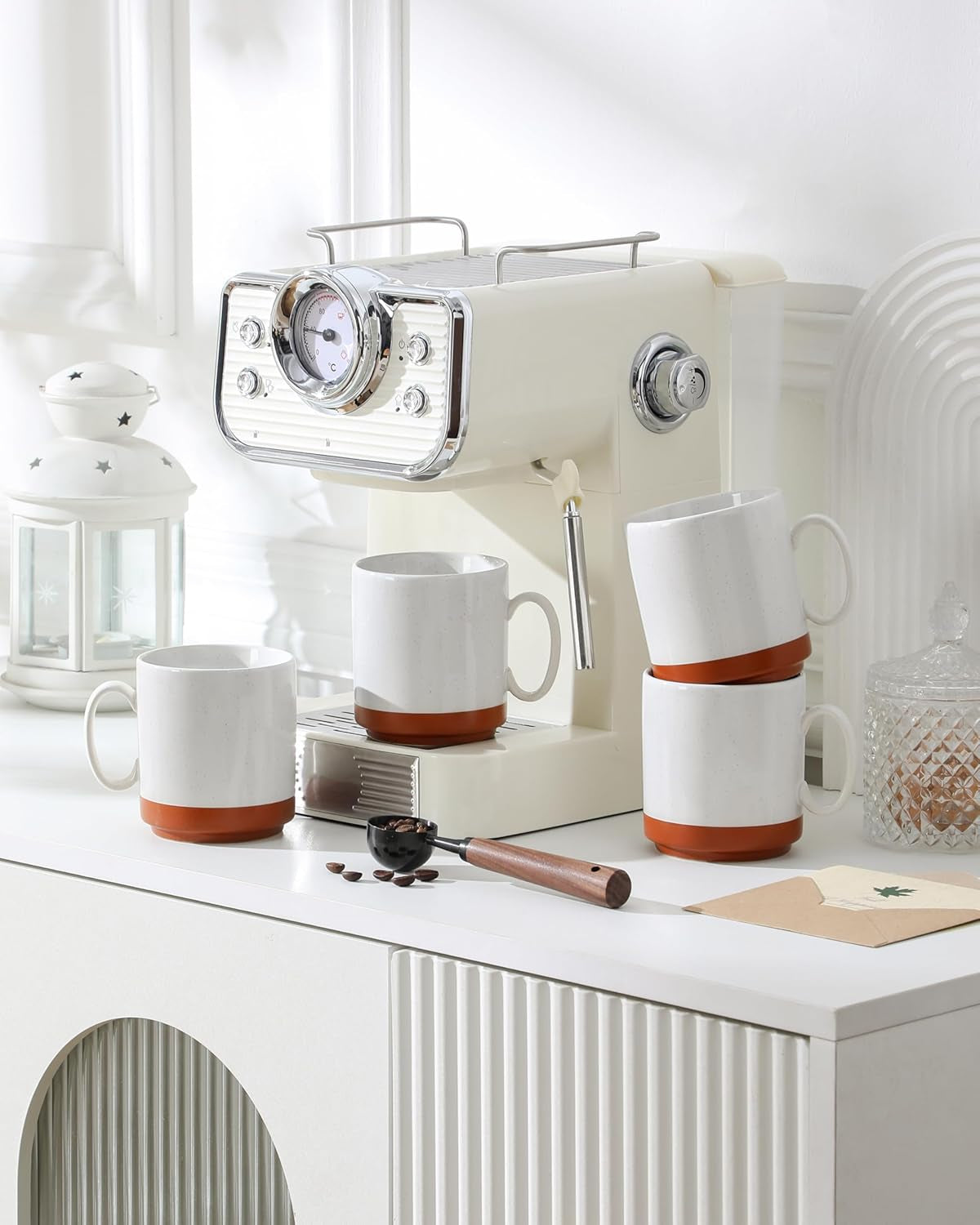 Set tazze da caffè MALACASA, set di tazze in gres da 350 ml per 4 persone, tazze da caffè moderne per tè, succo di frutta, latte, cappuccino, cioccolata calda. Lavabile in lavastoviglie e adatta al microonde, serie TARA, bianco kaki