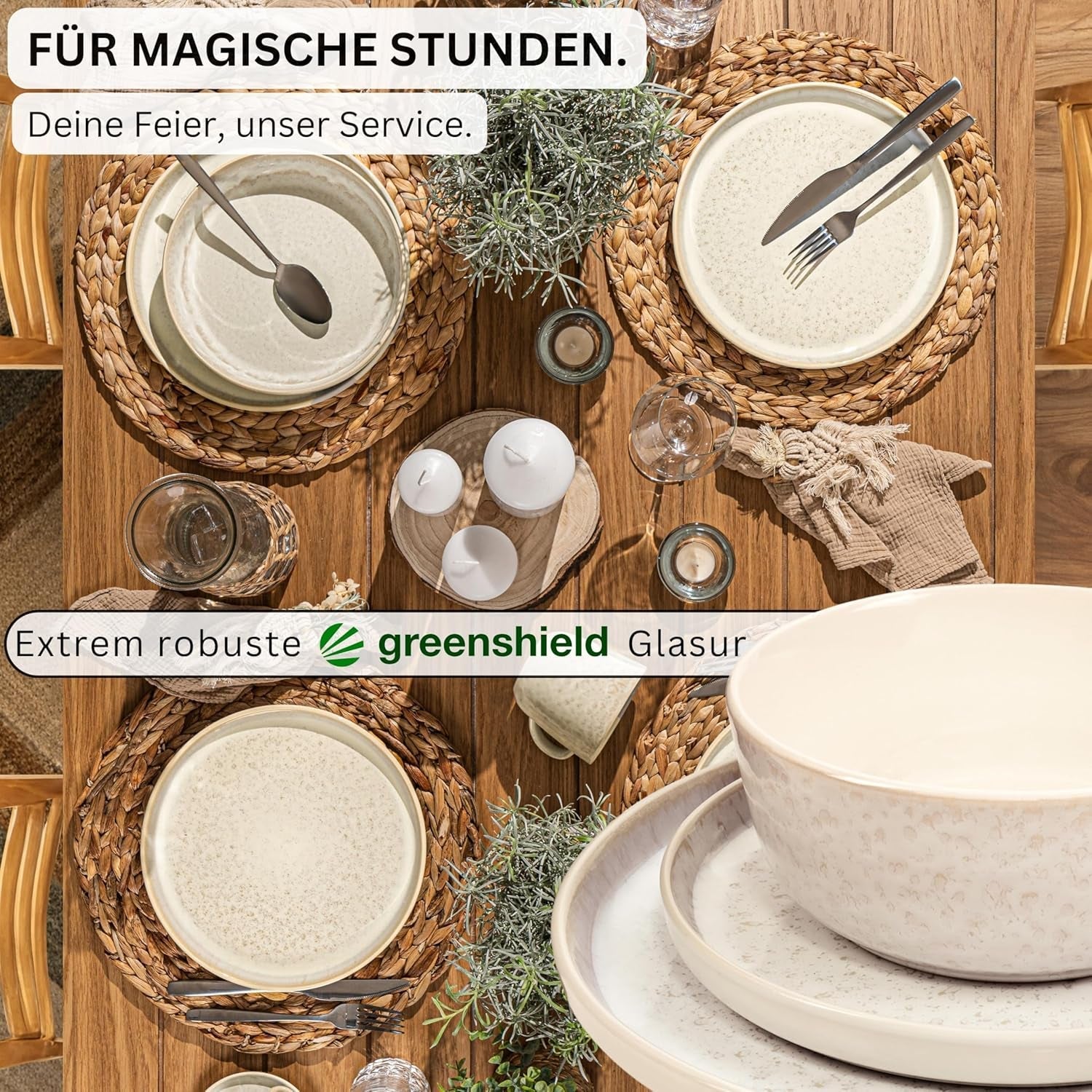 SÄNGER Key West | Set di stoviglie in gres Set di piatti piani da 24 pezzi per 6 6 piatti piani Ciotole per cereali Piatti da dessert Ciotole per pasta Stoviglie per panna con texture sabbia | LA COLLEZIONE DI VALORE