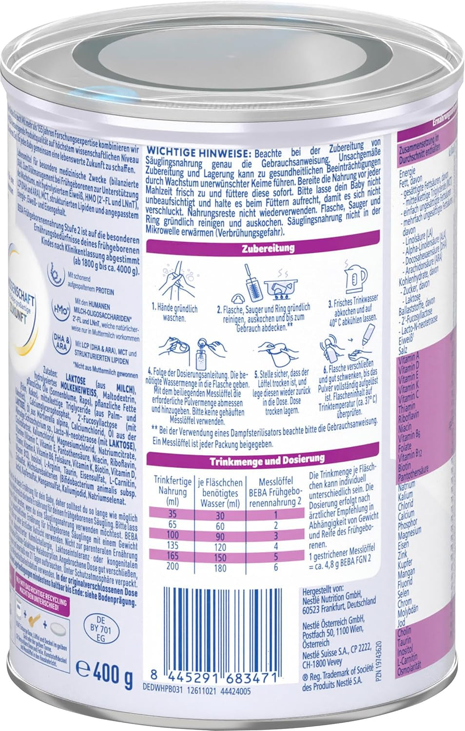 BEBA Premature Infant Formula Fase 2 - Neonati prematuri dopo la dimissione ospedaliera, Alimenti per bambini, Latte in polvere per bambini, 1 confezione (1 x 400 g)