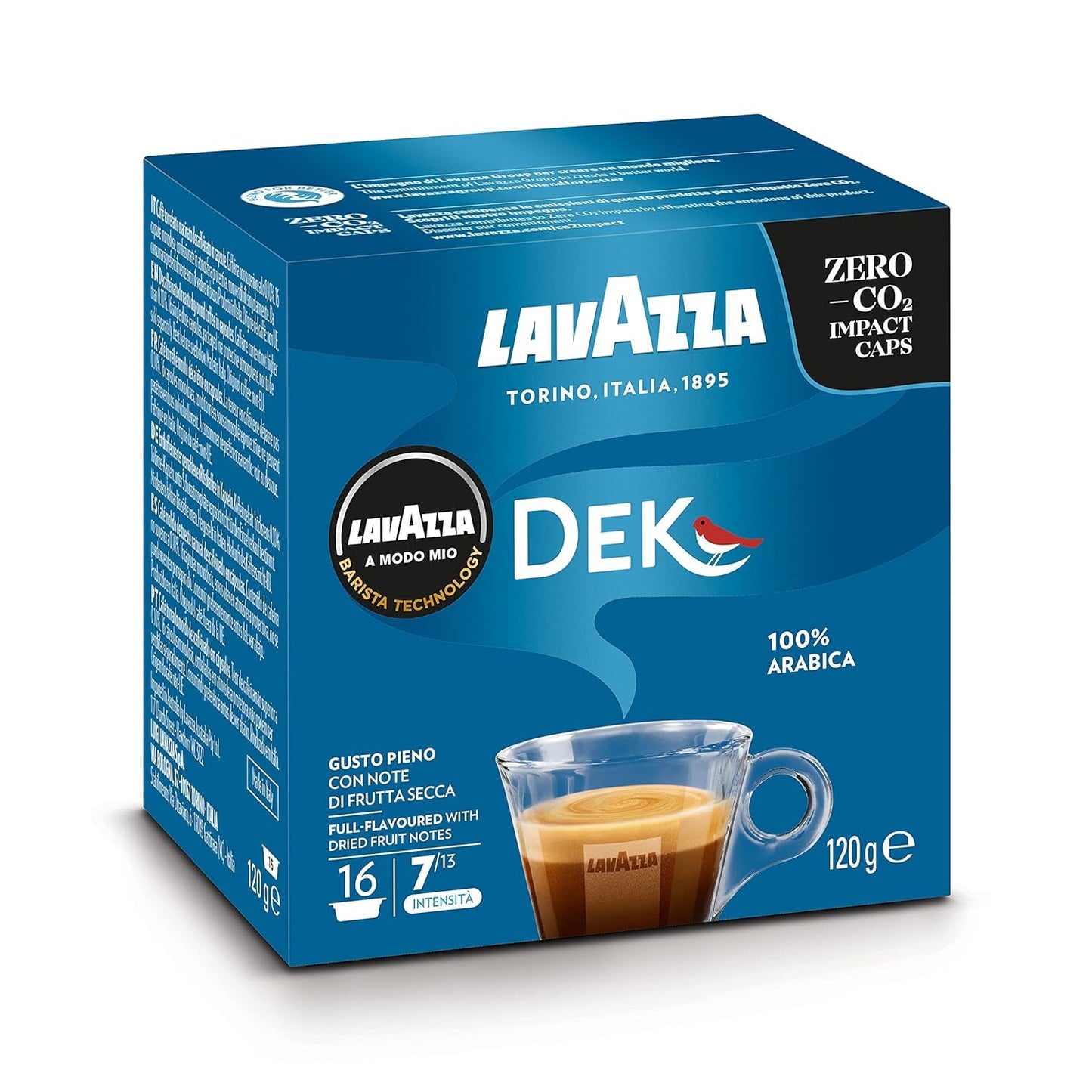 Lavazza A Modo Mio Dek Cremoso, 256 capsule caffè, per espresso decaffeinato con note aromatiche di mandorle e candite, 100% Arabica, intensità 7/13, tostatura media, 16 confezioni