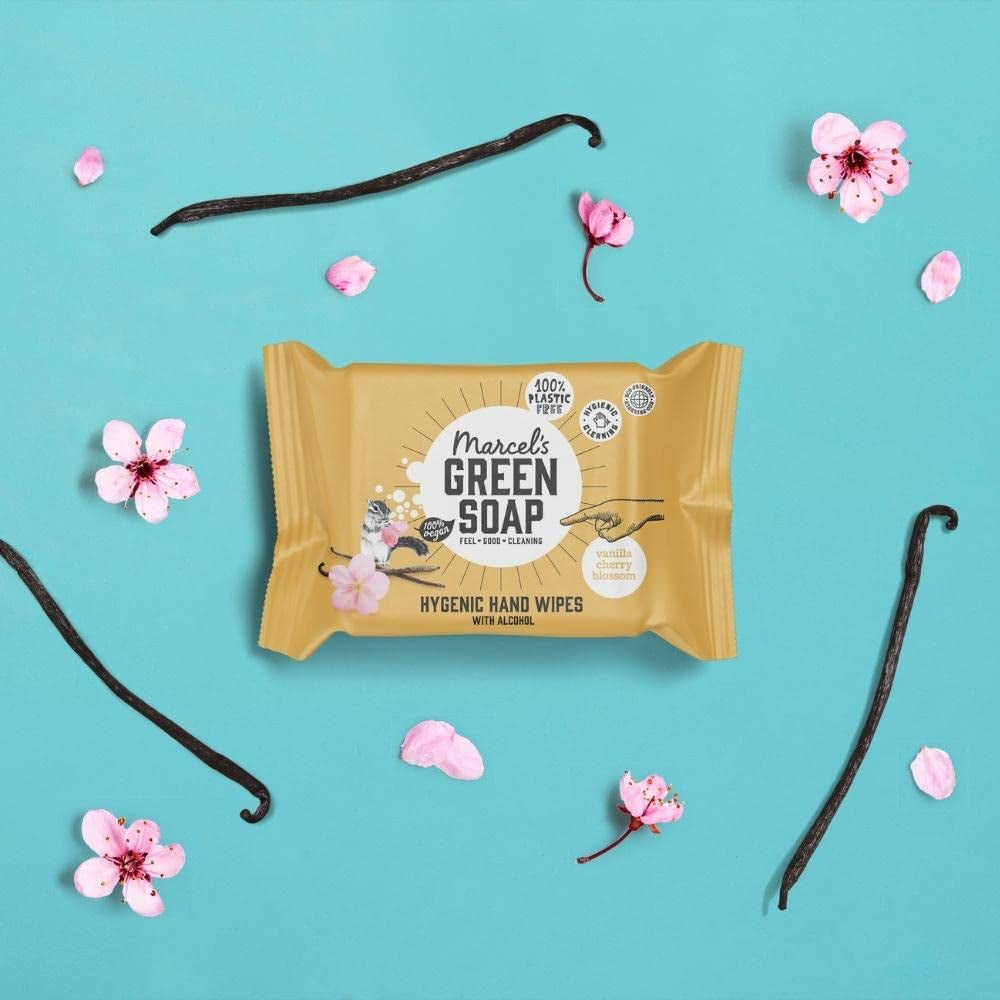 Salviette umidificate per mani Marcel's Green Soap, confezione da 60 - Vaniglia e fiori di ciliegio - A base vegetale - Biologiche
